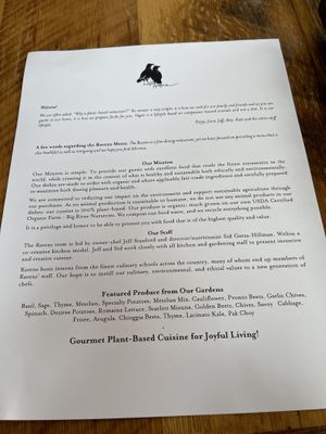 Menu at Ravens' Restaurant in Mendocino