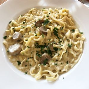 Alfredo with “oyster” mushrooms  at Ravens' Restaurant in Mendocino