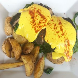 Portobello Benedict  at Ravens' Restaurant in Mendocino