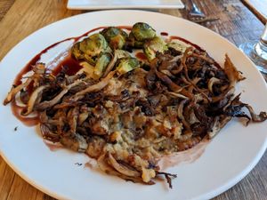 Mushroom, polenta, and brussels sprouts at Ravens' Restaurant in Mendocino