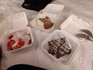 Strawberry shortcake, carrot cake, mint chocolate ganache cake at Ravens' Restaurant in Mendocino