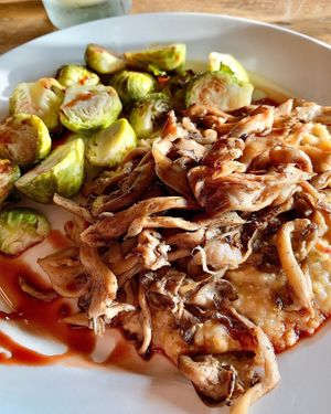 This dish had so much potential. Mushrooms were fry and chewy, polenta was earthy and needed something to balance better. Brussels sprouts were undercooked and dry.  at Ravens' Restaurant in Mendocino