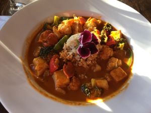 Curried veggie stew. If you like curry, this is excellent. This was a dinner entree the week we were there. Most of their menu items are made from organic veggies and fruits from their gardens or local organic farms. at Ravens' Restaurant in Mendocino