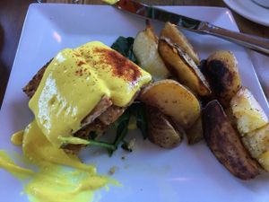 Stanford Florentine  with spinach & smokey tamari Tempeh with Hollandaise sauce for breakfast. I ordered a half order (1 instead of 2) as we learned after 2 days that the portions are VERY generous. Certain menu items are offered as half portions, which this was and it was perfect. If you are a guest of the inn, breakfast comes with your stay.  at Ravens' Restaurant in Mendocino