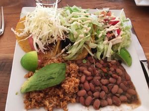 Triple tacos with pinto beans and aceite rice. A lot of food! All fresh and organic. at Ravens' Restaurant in Mendocino