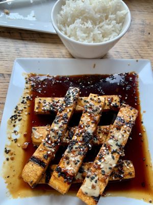 Maple Tamari glazed tofu  at Ravens' Restaurant in Mendocino