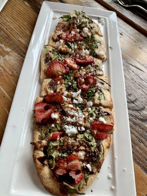 Flatbread with strawberry, arugula, tofu feta  at Ravens' Restaurant in Mendocino