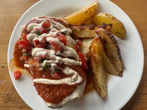 Burrito with potato wedges at Ravens' Restaurant in Mendocino