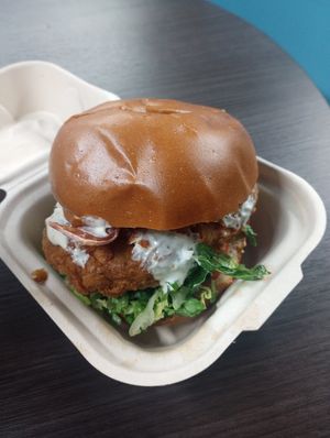 This the chicken bacon burger I had up earlier it's really good at Plant Slayer in Fresno