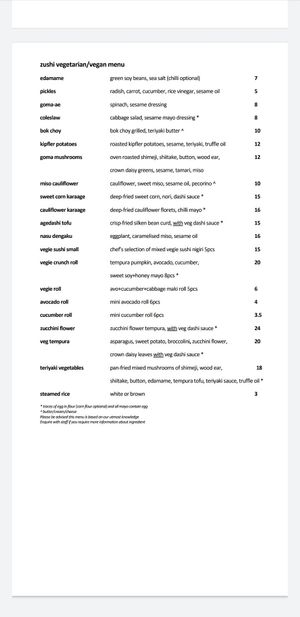 Vegan menu at Zushi in Barangaroo