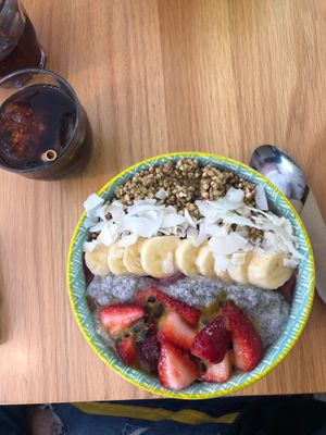 Bliss bowl (made vegan with agave instead of honey) and cold brew at Bare Naked Bowls in Sydney