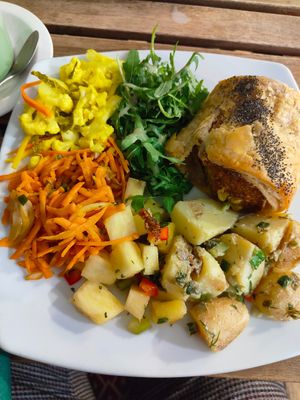 Vegan sausage roll with salads - £7.95. Great value and delicious. at The Cafe At Green Pavilion in Buxton