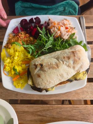 Field mushroom, pesto and vegan cheese in ciabatta with salads.. at The Cafe At Green Pavilion in Buxton