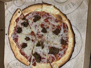 Vegan pizza with meatballs at Pielogy in Edinburg