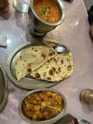 top to bottom - mushroom mutter, 2 x roti, aloo gobi   at Taj Mahal in Niseko