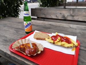 Vegan curry wurst meal deal option, 8.20 euros at Best Worscht In Town - Schweizer in Frankfurt