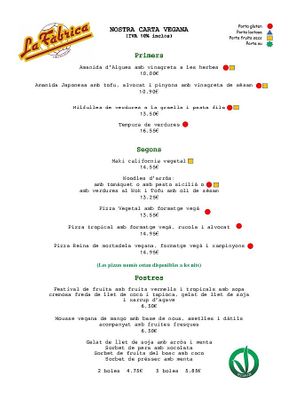 Carta vegana at La Fàbrica in Vilafranca Del Penedes