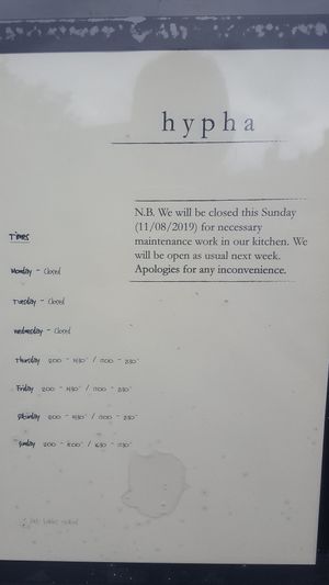 Hours dated 11th August 2019 at Hypha in Chester
