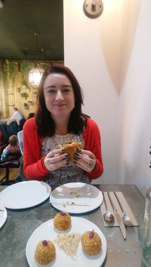 Emma with the mushroom patty at Hypha in Chester