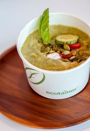 Cleanse Soup (Raw & Cold): Made to Order: Tomato, Cucumber, Basil, Pink Salt, Black Pepper, Aloe Vera, Apple Cider Vinegar, with Pumpkin Seed Topping.
 at Gaia Therapeat in Hollywood