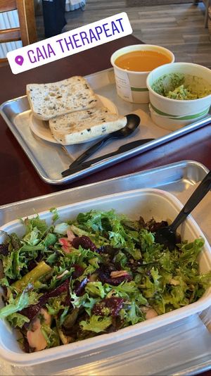 Cleanse salad, zen soup and olive ciabatta bread with avocado 🥑  at Gaia Therapeat in Hollywood