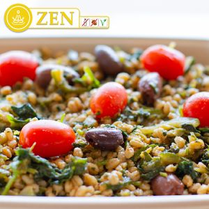 ZenWarm Entree: Farro, Baby Spinach, Tomato, Zucchini, Kalamata Olive, Cilantro, Garlic, Parsley.
 at Gaia Therapeat in Hollywood