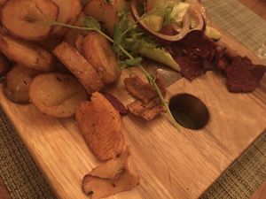 Root veggie crisps for garnish at Green Loft in Northampton