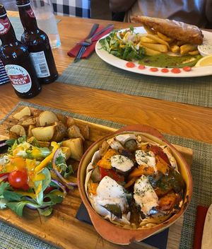 Vegetable strudel and fish and chips  at Green Loft in Northampton