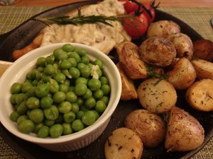 Roast 'chicken' with creamy mushroom sauce with potatoes and peas at Green Loft in Northampton