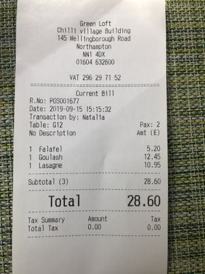 Green loft receipt at Green Loft in Northampton