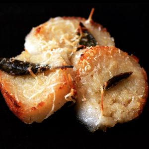 Gnocchi alla Romana. 
Semolina cooked in rice milk w/homemade vegan butter and cheese, topped with crispy sage and homemade truffle butter. 
A traditional italian dish made vegan at La Cucina Di Nadia in Tel Aviv