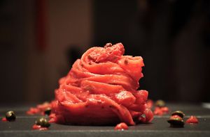 Homemade tagliatelle with a beetroot pesto and sautéed Swiss chard. Nadia’s flagship dish. The taste is nothing you can even remotely imagine, and something you’ll never forge at La Cucina Di Nadia in Tel Aviv