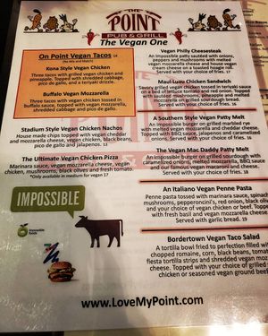 The menu directed at vegans. Other items on the main menu can also be made vegan or vegetarian  at The Point Pub & Grill in Central Point