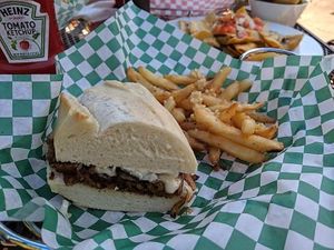Vegan Philly cheese steak (minus peppers and mushrooms) is sooo good! at The Point Pub & Grill in Central Point