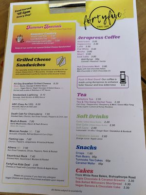 Menu (August 2023) at FortyFive in York