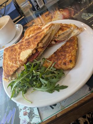 "Veggie breakfast toastie" with vegan sausage, vegan bacon, vegan cheese and beans. at FortyFive in York