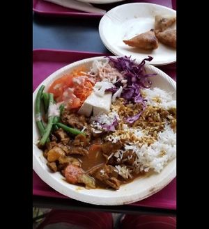 Steamed yukka, soy curl curry, green beans, salad and rice  at Le Sunny in Fort-de-france