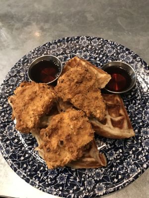 Vegan fried chicken with waffles and maple syrup  at Absurd Bird in Bath