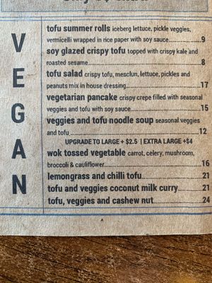 The vegan section of the menu at Saigon Kingdom - Hawthorne Drive in Queenstown