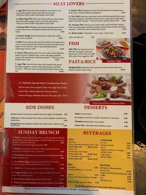 Menu (back) at Habesha in Austin