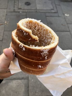 Peanut butter and coconut vegan chimney cake  at Lili & Rose Chimney Cakes Bakery in Krakow