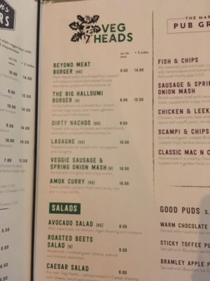 Veg menu at The Green Man in London