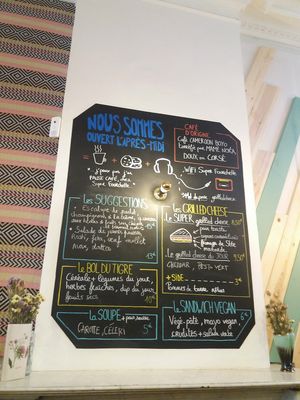 Menue - vegan choices: sandwich, soup and add on fries at Super Fourchette in Brussels