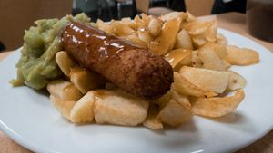 Vegan Sausage, Chips, Peas and Gravy at The New Chippery in Wigan