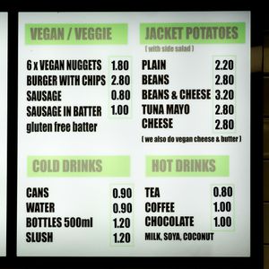 Vegan Menu, top left corner at The New Chippery in Wigan