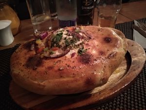 Vegan goulash (goulash is hidden under the bread) at Med-One in Huddersfield