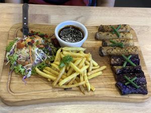 Oyster mushroom , eggplant , fries and salad set with soft drink   at D'Life Signature 蔬品軒 - Novena in Central Singapore