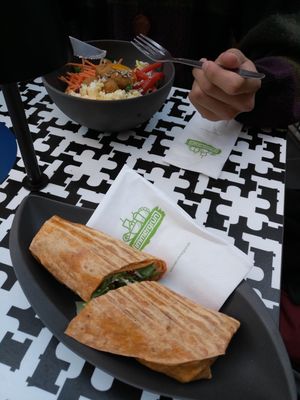 Vegan köfte wrap (spicy) and vegan potato based meal with falafel at immergrün - Ballindamm in Hamburg