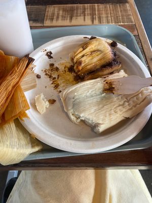 Black bean mole tamal and a cheese and jalapeño tamal at La Vegana Mexicana in Santa Ana