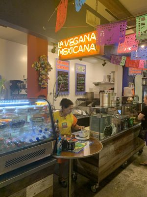 Store front and owner/creator, Loretta! at La Vegana Mexicana in Santa Ana
